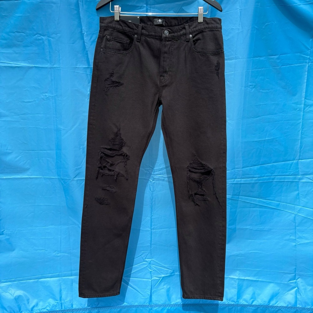 7 For All Mankind Men's NWT Black Paxtyn Skinny Distressed Button-Fly Jeans, 33